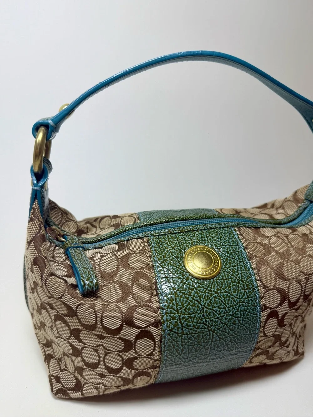 Coach 41066 Signature Jacquard Demi Shoulder Bag Teal Blue Leather Y2K